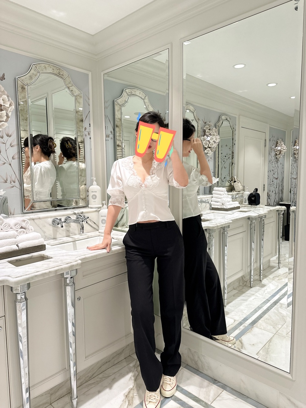 White Lace-Trim Puff Sleeve Blouse with Black Trousers